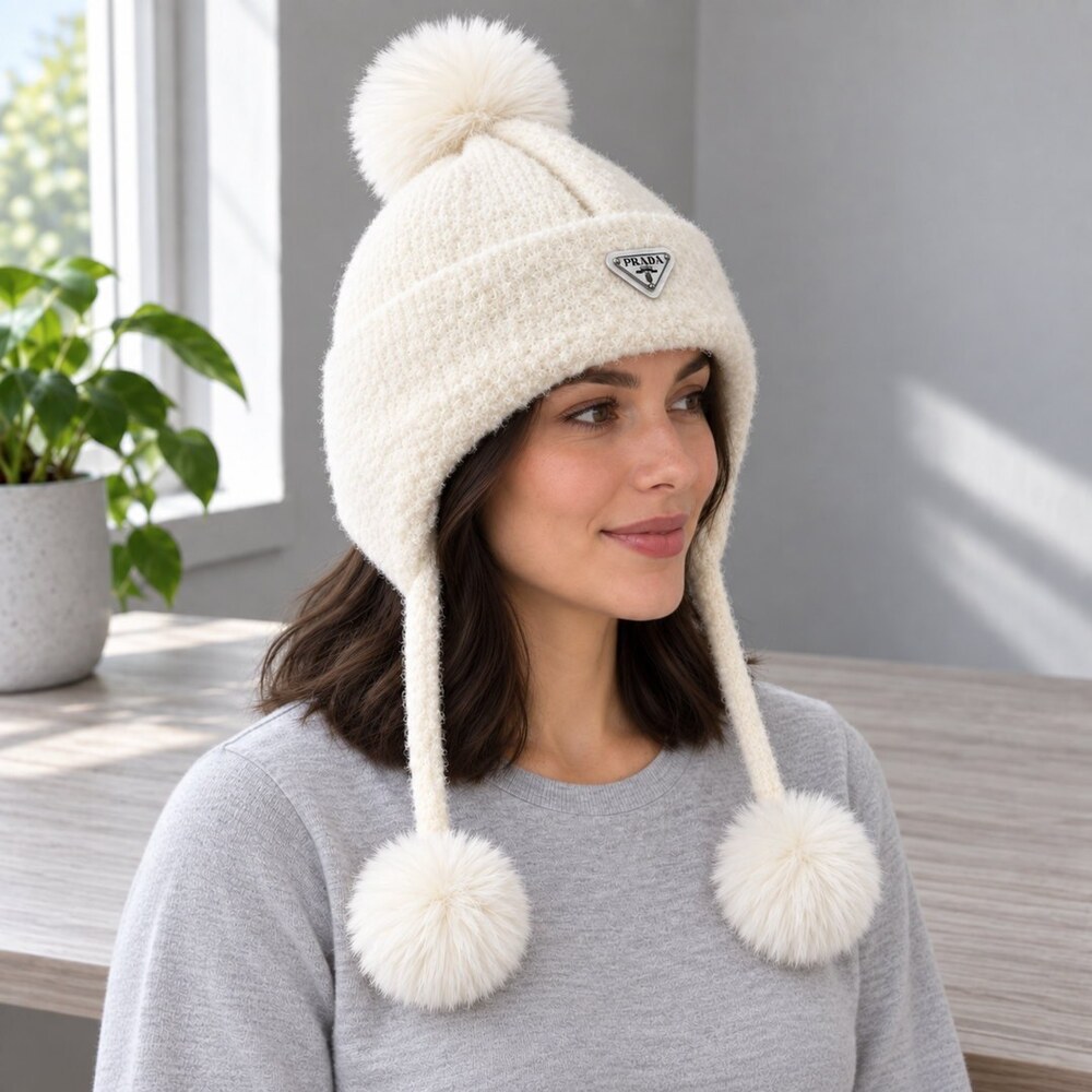 Prada Ivory Earflap Hat with Pom-Poms - Picture 3 of 6